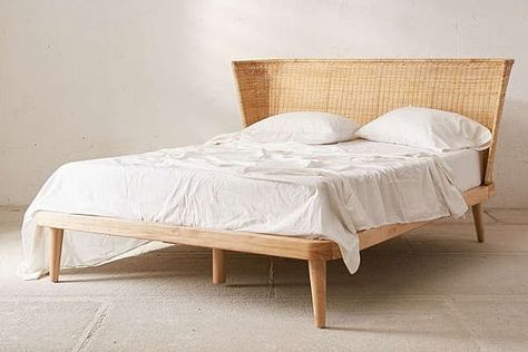 Jens Woven Windsor Platform Bed at Urban Outfitters, $898 Urban Outfitters Bedding, Headboard Crafts, Rattan Bed Frame, Rattan Bed, Full Size Platform Bed, Neutral Bedding, Bed Shelves, Wood Bed Frame, Furniture Bed