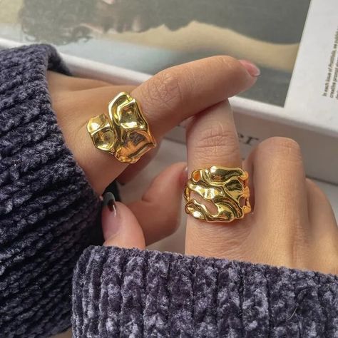 24k Gold Plated Chunky Rings, Cool Rings for Women, Boho Ring Gift for Friend, Statement Ring, Adjustable Ring, Stackable Ring Gift for Her - Etsy Canada Cool Rings, Chunky Gold Jewelry, Vintage Gold Rings, Handmade Jewelry Ring, Bold Rings, Hammered Band, Gold Statement Ring, Zircon Jewelry, Chunky Jewelry