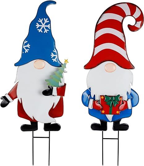 * High Quality: The outdoor metal yard decors are made of high quality metal, bright and colorful hand-painted and finished with a rust-proof coating, it can withstand all types of weather conditions with durable.
* Outdoor Christmas Decorations: Set of 2 Christmas 33 inch height yard stakes consists of 2 Xmas gnomes would be a perfect decor for holiday ambiance.
* Easy for Installation: Just connect hat and stake to the body with screw and insert our pathway sign takes into soil or ground. Christmas Lawn Decorations, Christmas Garden Decorations, Outside Christmas Decorations, Decorative Garden Stakes, Christmas Yard Decorations, Snowflake Decorations, Christmas Yard, Christmas Garden, Outdoor Decorations