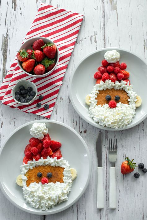 Santa Claus Pancakes, Christmas Pancakes For Kids, Recipes With Coffee, Santa Pancakes, Pancakes With Strawberries, Christmas Pancakes, Strawberry Santas, Kids Pancakes, North Pole Breakfast