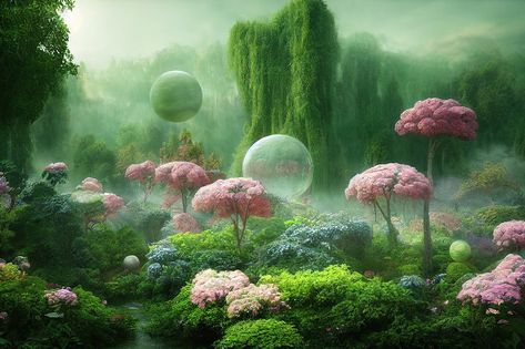 Lush green surreal garden with pink flowers and unworldly bubbles. Flower Ladder, Anthropomorphic Ideas, Surreal Garden, Surreal Flowers, Luxurious Garden, Garden Landscaping Ideas, Tech Ideas, Art Surrealism, Front Yard Garden Design