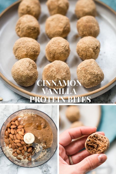 These no-bake Cinnamon Vanilla Protein Bites are full of nutritious ingredients and make the perfect bite to satisfy your hunger, for a healthy snack or on-the-go breakfast. #glutenfree | www.nutritiouseats.com Cinnamon Healthy, Deserturi Raw Vegan, Breakfast Protein, Arbonne Recipes, Protein Balls Recipes, Healthy Protein Snacks, Protein Bites, Snacks Saludables, Best Protein