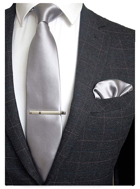 Amazon.com: JEMYGINS Mens Formal Silver Necktie and Pocket Square, Hankerchief and Tie Bar Clip Sets (6): Clothing Tie Bar Clip, Silver Tie, Black Neck, Prom Ideas, Tie Clips, Mens Formal, Tie Bar, Tie And Pocket Square, Silver Man