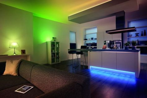 23 Creative Philips Hue Ideas You Will Want to Try in Your Home Today Philips Hue Light Strip, Phillips Hue, Blitz Design, Philips Hue Lights, Colored Light Bulbs, Hue Lights, Smart Lights, Led Color Changing Lights, Home Automation System