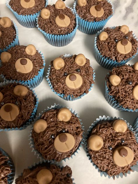 Bear Cupcakes Easy, Cupcake Teddy Bear, Bear Theme Party Food, Bear Cupcakes Baby Shower Teddy, Beary First Birthday Cupcakes, Bear Food Ideas Parties, Teddy Bear Party Food, Bear Themed Desserts, Teddy Bear Cupcake Cake