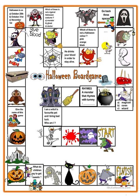 HALLOWEEN Boardgame - English ESL Worksheets for distance learning and physical classrooms Halloween Esl Activities, Autumn Worksheet, Halloween Board Games, Halloween Esl, Homeschool Halloween, Halloween Drinking Games, Halloween Board Game, Halloween Worksheet, Classroom Holiday Crafts