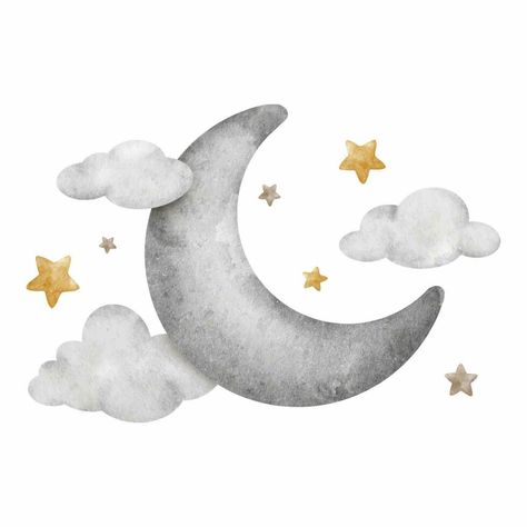 Moon with clouds and stars. Grey crescent moon. Cute baby Watercolor illustration. Isolated. Design for logo, kid's goods, clothes, textiles, postcards, baby shower and children's room Star Moon Illustration, Cloud Illustration Design, Moon And Stars Art, Moon With Clouds, Moon Cute, Moon Watercolor, Baby Watercolor, Cloud Logo, Clouds And Stars