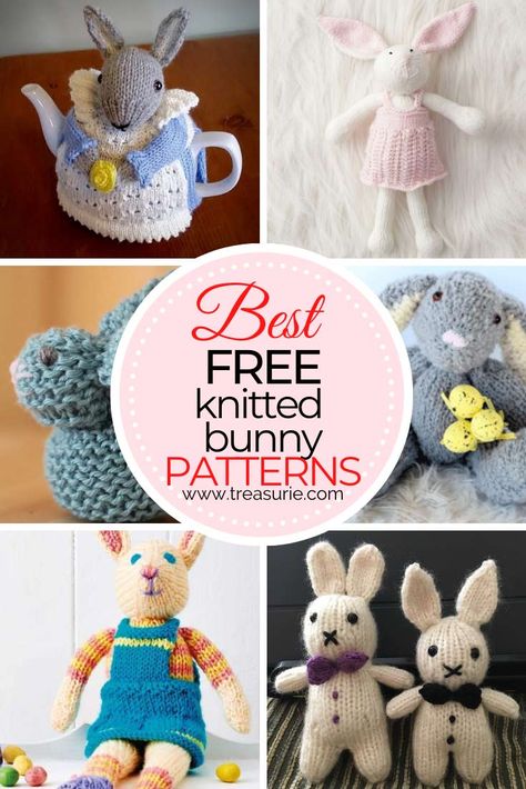 Free Knitted Bunny Patterns - 15 of the Best | TREASURIE Rabbit Knitting Pattern Free, Knitted Easter Crafts, Bunny Patterns, Knitting Patterns Free Dog, Rabbit Knitting Pattern, Knitting Projects Free, Knitted Dolls Free, Knitted Bunnies, Bunny Knitting Pattern