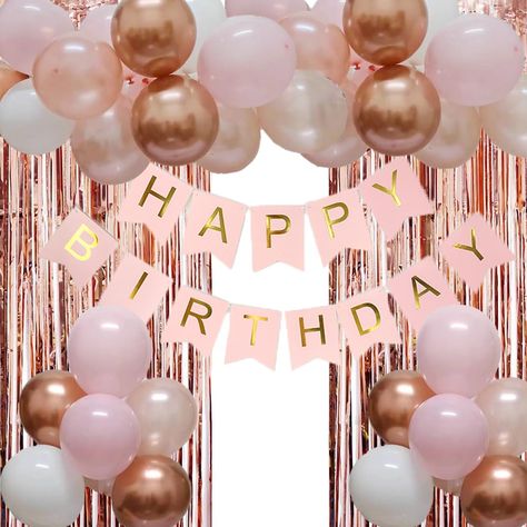 PRICES MAY VARY. Package and Size: Includes 2 x rose gold fringe curtains (3.28ftx8.2ft), 1 x pink Happy Birthday banner, 50pcs 12 inch balloons. The 50pcs 12 inch balloons includes rose gold balloons, light pinkballoons, white balloons and metallic rose gold balloons. High Quality Pink Birthday Decorations: rose gold and pink birthday decorations are made of high qualitylatex, synthetic foil and card paper, sturdy string and long-lasting color and coating, easy to assemble and will not burst ea Rose Gold Birthday Theme Ideas, Pink White And Gold Birthday Party Ideas, Pink And White Balloon Decorations, Pink And Gold Themed Birthday Party, Pink White And Gold Party Decoration, Birthday Themes Pink, Rose Gold Theme Birthday, Gold And Pink Birthday Party, Rose Gold Birthday Party Decorations