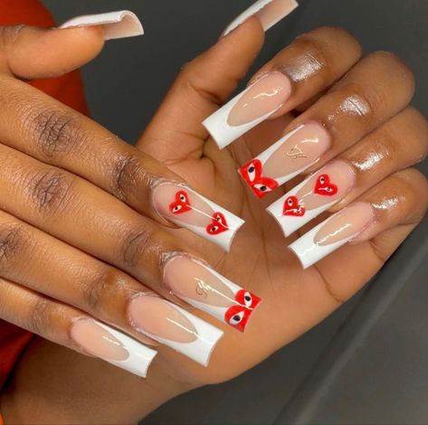 Baddi french tip Valentine’s day nails with red heartsBoyfriend letter initial nails Acyrilics Nails With Initial, Nail Art With Bf Initials, Nail Designs With Letters Ideas, S Initial Nails Designs, Nails With His Initials Red, Bape Heart Nails, B Initial On Nails, Nails Dedicated To Boyfriend, Valentine Day Nails With Initial