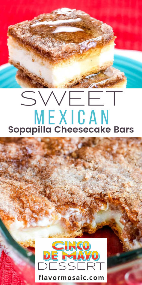 These Sweet Mexican Sopapilla Cheesecake Bars would be a delicious Cinco de Mayo dessert. They have a sweet, creamy cheesecake filling tucked between 2 crescent roll pastry sheets, and are topped with butter, cinnamon, and sugar and drizzled with honey. If I can make this recipe, then you can make these Sopapilla Cheesecake Bars too because they are so easy! Really! Mexican Cheesecake Sopapilla, Sopapilla Cheesecake Bites, Margarita Bars Dessert, Xangos Mexican Dessert, Mexican Food Bars For Parties, Mexican Holiday Desserts, Mexican Themed Desserts, Easy Mexican Desserts, Mexican Christmas Desserts