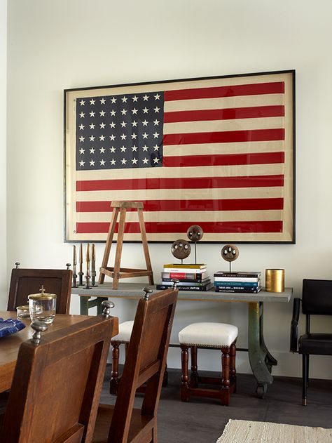 Framed Flags Ideas, Guys Apartment, Robert Stilin, Creative Apartment, Framed American Flag, Apartment Checklist, Framed Flag, July Decor, Studio Apartment Ideas