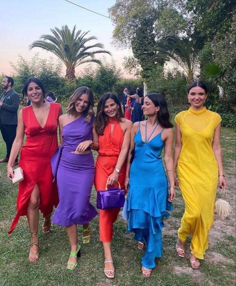 Wedding Guest Dresscode Ideas, Tropical Gala Outfit, Birthday Theme Dress Code, Vibrant Wedding Guest Attire, Bold Wedding Guest Outfit, Bold And Chic Wedding Dress Code, Bright Wedding Guest Attire, Colorful Wedding Outfit Guest, Colourful Cocktail Dress