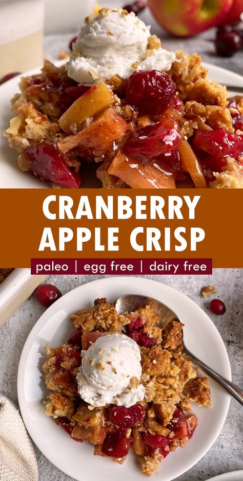 This healthy cranberry apple crisp has a tart apple and cranberry filling that's topped with an almond flour crumble. This paleo cranberry crisp is grain free (no oats), gluten free, dairy free and egg free. It's an easy paleo holiday dessert. #cranberries #cranberrycrisp #cranberryapple #paleo #eggfree Almond Flour Crumble, Cranberry Recipes Healthy, Cranberry Recipes Dessert, Cranberry Apple Crisp, Cranberry Filling, Fresh Cranberry Recipes, Gluten Free Crisps, Cranberry Crisp, Apple Cranberry Crisp