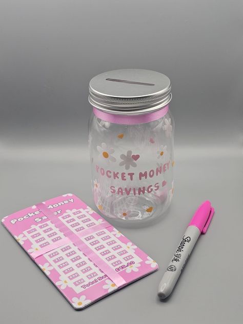 Children’s pocket money savings jar. 6 Trackers  and pen bundle. by CustomisebymeShop on Etsy Cute Money Saving Jars, Diy Savings Box Ideas, Diy Money Jar, Saving Money Jars, Saving Jar, Money Saving Jar, Money Tracker, Money Jar, Christmas Window Painting