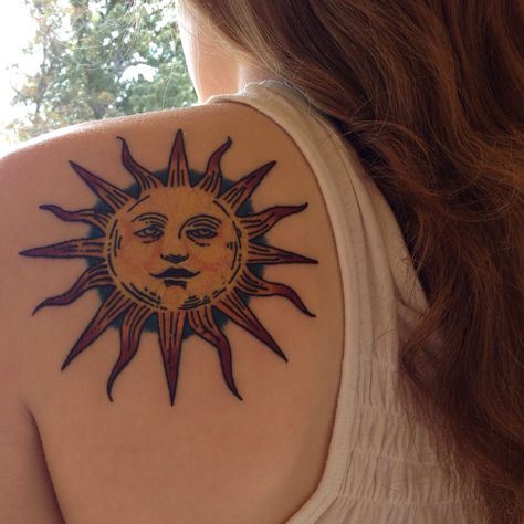 My new tattoo! ❤️ #sun #color #ink Traditional Style Sun Tattoo, Sun And Moon American Traditional Tattoo, Sun Color Tattoo, Colorful Sun Tattoo, Mexican Sun Tattoo, Big Sun Tattoo, Sun Tattoo Color, Sun Face Tattoo, Sun Shoulder Tattoo