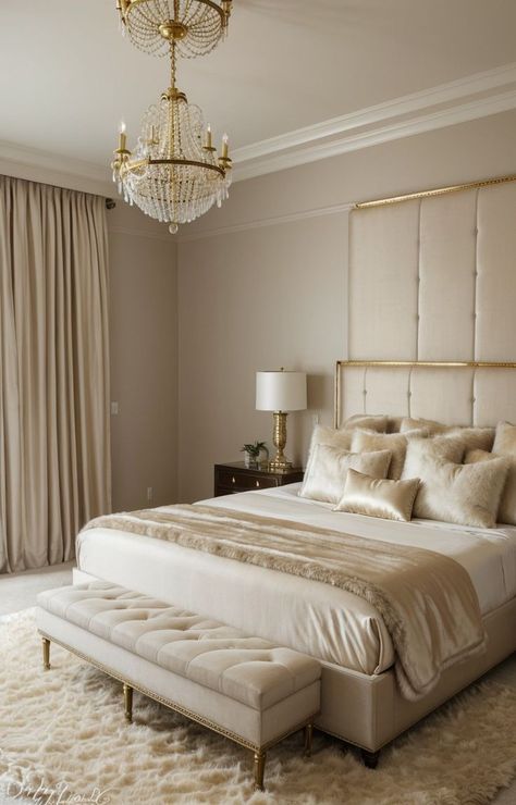 Beige And Gold Bedroom, Beige Room, Statement Chandelier, Matching Nightstands, Beige Curtains, Gold Rooms, Rose Gold Decor, Wooden Bedroom, Beige Bedroom