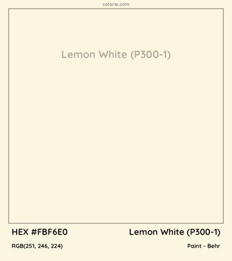 Behr Lemon White (P300-1) Paint color codes, similar paints and palettes Bright Cream Paint Colors, Light Yellow Paint Bedroom, Best Pale Yellow Paint Color, Yellow White Paint Colors, Pale Yellow Paint Colors, Light Yellow Paint Colors, Pale Yellow Kitchens, Pale Yellow Paints, Beach House Paint Colors