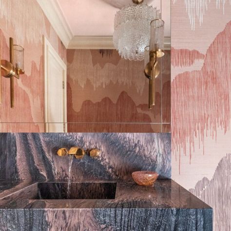 Modern Pink Bathroom Wallpaper, Vaughan Chandelier, Powder Bathroom, Architecture Restaurant, Creative Flooring, Room Wall Painting, The Color Wheel, Luxe Interiors, Lee Jofa