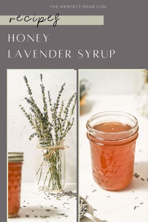 A jar of dried lavender on the left and a jar of honey lavender syrup on the right. Honey Lavender Syrup, Honey And Lavender, Honey Simple Syrup, Honey Lavender, Lavender Syrup, Lavender Honey, Honey Syrup, Simple Syrup, Mocktails