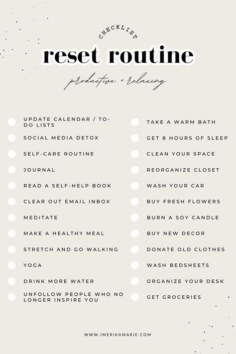 Getting My Life Together List, Reset Checklist, Grimoire Ideas, Reset Routine, Planning System, Sunday Routine, Self Care Bullet Journal, Free Checklist, Life Routines