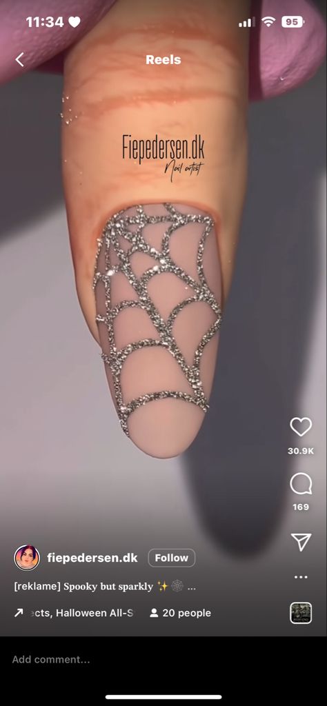 Halloween Cob Web Nails, How To Draw Spider Web On Nails, Black Nails With Silver Spider Web, Sparkly Spider Web Nails, Silver Spiderweb Nails, Spiderweb Nails Almond, Chrome Spider Web Nails, Black And Silver Halloween Nails, Acrylic Nails Spider Web