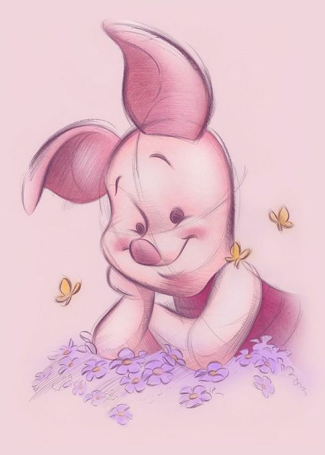 Piglet Is The Most Cutest Plush Pig Ever. Disney Drawings, A Drawing, Winnie The Pooh, Butterflies, Disney, Drawings, Purple, Flowers, Pink