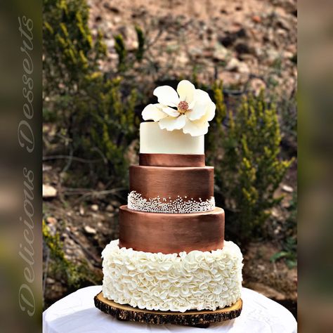 Ruffles, bronze, Magnolia flower, wedding cake Bronze Cake Ideas, Bronze Wedding Cake, Brown Wedding Cake Ideas, Black And Copper Wedding Cake, Bronze Wedding Theme, Magnolia Wedding Cake, Magnolia Flower Wedding, Brown Wedding Cake, Copper Wedding Cake