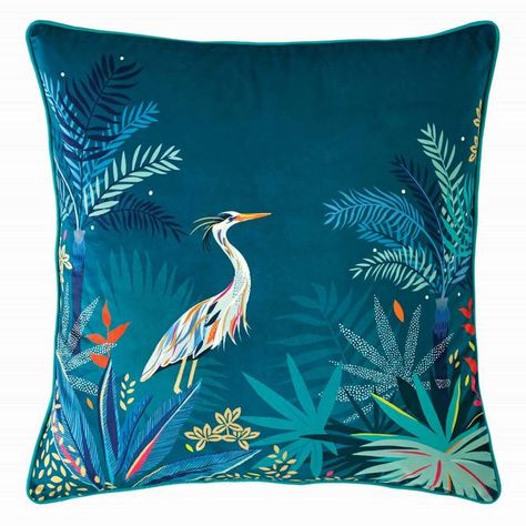 Complete a bold look inspired by nature, with this Sara Miller Heron Teal Cushion, 50x50cm. Exotic and elegant; the striking heron design is digitally printed on to teal velvet fabric with rich pops of blues and orange. Coming with a luxurious feather filling, this square cushion is finished beautifully with a turquoise trim. Discover the Sara Miller Heron Pink Cushion from the same collection. Sara Miller, Teal Cushions, Double Duvet Covers, Bed Cushions, Luxury Cushions, Single Duvet Cover, Pink Feathers, Feather Design, Blue Heron