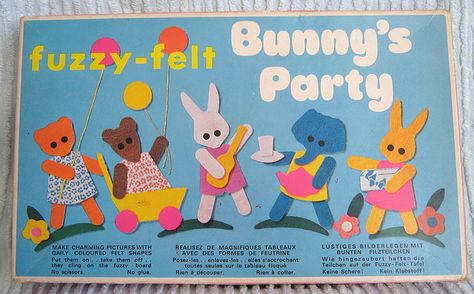 Fuzzy Felt bunny's party by Joey's Dream Garden, via Flickr Felt Creatures, Fuzzy Felt, Retro Packaging, 1980s Childhood, 70s Toys, 1970s Childhood, Bunny Party, Felt Bunny, Vintage Bunny