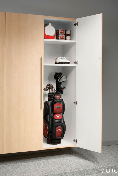 Extra tall custom wood garage cabinetry for golf club storage in Columbus Ohio | Innovate Home Org Golf Club Storage, Golf Storage, Metal Garage Cabinets, Garage Cabinet Systems, Organized Garage, Garage Renovation, Ultimate Garage, Golf Clubs For Sale, Metal Garages