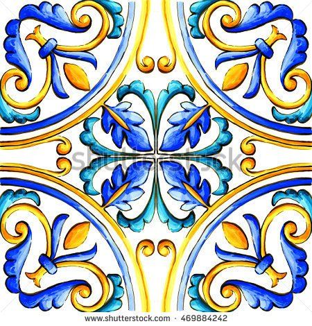 Italian majolica tiles, floral ornament Traditional Tile Design, Majolica Tiles, Italian Pattern, Italian Majolica, Floral Ornament, Italian Tiles, Hand Painted Tiles, Italian Pottery, Blue Pottery