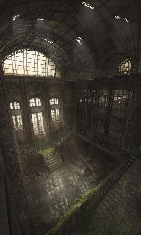 Abandoned factory hall, Alexandra Tretyakova on ArtStation at https://www.artstation.com/artwork/bZGDg Old Factories Abandoned, Abandoned Factory Concept Art, Abandoned Factory Aesthetic, Steampunk Factory Concept Art, Abandoned Steampunk, Abandoned Warehouse Aesthetic, Factory Background, Warehouse Aesthetic, Factory Aesthetic