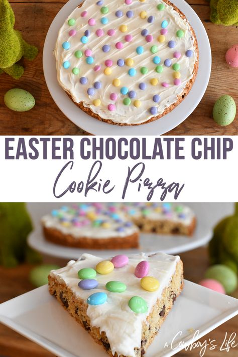 Easter Chocolate Chip Cookie Pizza - A Cowboys Life Easter Chocolate Chip Cookies, Cookie Pizza Recipe, Chocolate Chip Cookie Pizza, Chocolate Chip Cookie Cake Recipe, Easter Cookie Cake, Spring Dessert, Cow Boys, Chocolate Chip Cookie Cake, Easter Cookie