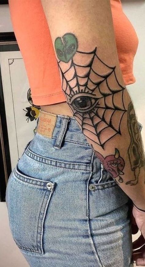 Web Elbow Tattoo, Tattoo On Elbow, Sunshine Tattoos, Small Wave Tattoo, Spider Web Tattoo, Elbow Tattoo, Mandala Tattoos, Tattoo Filler, Web Tattoo