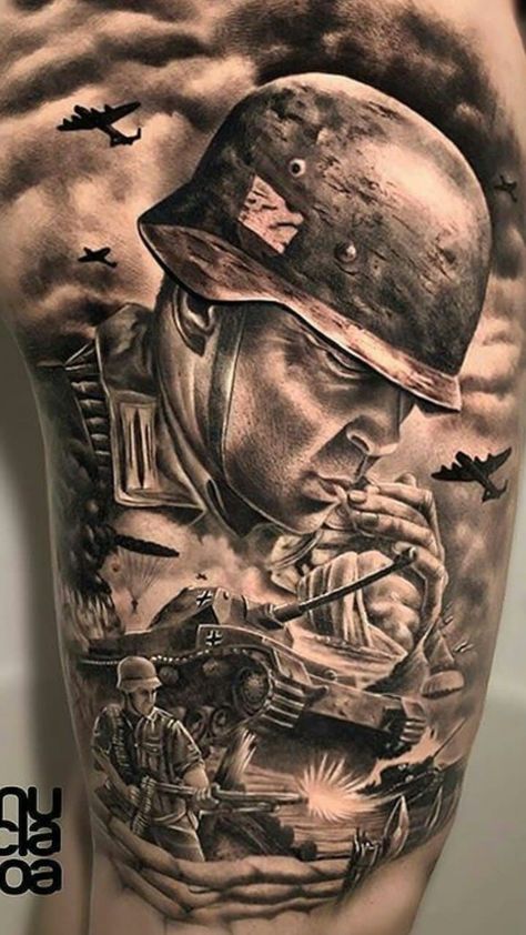 Ww2 Tattoo Ideas, Soldier Tattoo Design, Ww2 Tattoo, Military Sleeve Tattoo, Air Force Tattoo, Tank Tattoo, Germany Tattoo, Soldier Tattoo, Spartan Tattoo