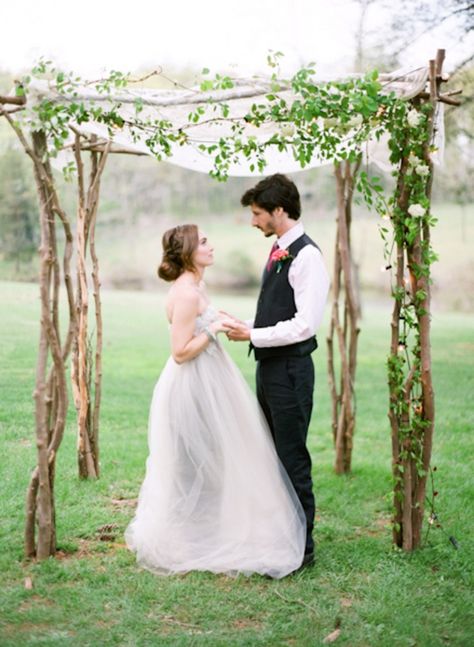 Birch and Vine Ceremony Altar | Marta Locklear Photography | Pastel Watercolor Spring Wedding in Lilac and Sunshine Branch Arch Wedding, Arch Fabric, Wood Wedding Arches, Branches Wedding, Wedding Chuppah, Wedding Branches, Wedding Arch Rustic, Hippie Wedding, Boda Mexicana