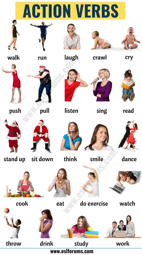 Action Verbs: List of 50+ Useful Action Words with the Pictures! - ESL Forums Learn English Vocabulary Words Pictures, English Words With Pictures, Action Words Flashcards, Action Words With Pictures, Action Vocabulary, Action Verbs For Kids, Action Words For Kids, Action Verbs Flashcards, Action Verbs Activities