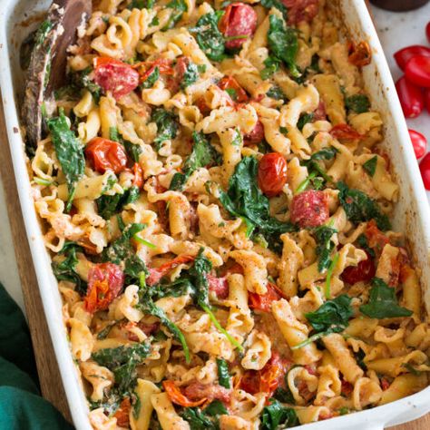 Baked Feta Pasta (TikTok Pasta) - Cooking Classy Spinach And Feta Pasta Bake, Feta Spinach Tomato Pasta, Tok Tok Pasta, Feta Pasta Bake With Spinach, Feta Tomato Spinach Pasta Bake, Baked Feta Pasta With Spinach, Feta Pasta Bake With Chicken, Pasta Recipes Feta, Tik Tok Feta Pasta Recipes