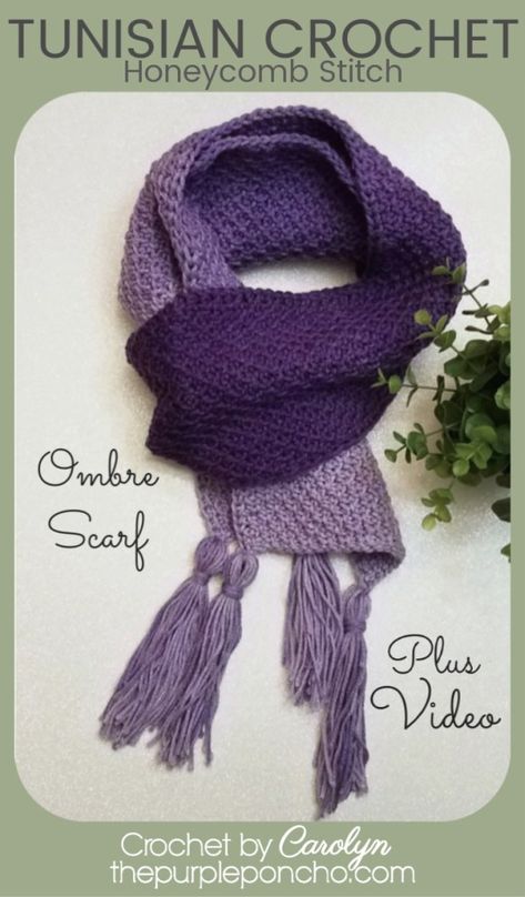 Ombre Scarf - Free Crochet Pattern - The Purple Poncho Tunisian Crochet Pattern, Ombre Scarf, Honeycomb Stitch, Tunisian Crochet Patterns, Tunisian Crochet Stitches, Simple Scarf, Crochet Afghans, Scarf Crochet Pattern, Crochet Cowl