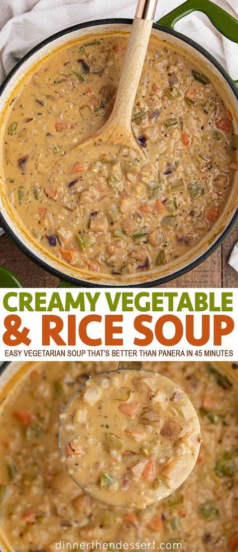 Creamy Vegetable and Rice Soup is a hearty vegetarian soup with carrots, potatoes and onions is an easy soup in 45 minutes that's better than Panera! #soup #vegetablesoup #creamysoup #vegetariansoup #vegetariandinner #vegetableandricesoup #vegetarianrecipe #dinner #dinnerthendessert Panera Soup, Vegetable Rice Soup, Hearty Vegetarian Soup, Soup With Carrots, Italian Vegetable Soup, Potatoes And Onions, Clear Soup, Rice Soup Recipes, Carrots Potatoes