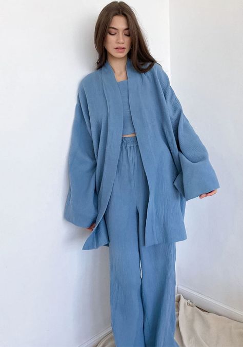 Casual Pajamas, Kimono Pajamas, Cotton Loungewear, Mode Kimono, Kimono Design, Pajamas Sets, Style Japonais, Mode Casual, Women's Robe