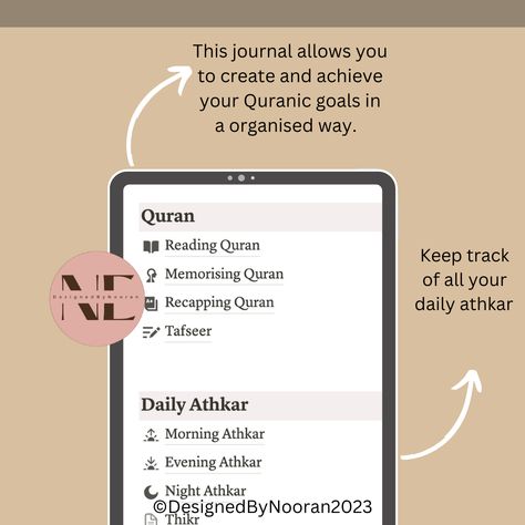 The Notion Islamic Journal is now available! Do you have trouble keeping up with your daily athkar? Can’t maintain consistency in reading the Quran? Want to start memorising the Quran? What to start learning more about your Deen?  It is never too late to organise your year with the Notion Islamic Journal. This Islamic Journal will help you organise the main aspects of your Islamic life. Start with this journal which is beginner-friendly and perfect for people with busy lives. Islam Notion Template, Notion Islam, Quran Journaling For Beginners, Journal Template Notion, Islamic Journal Ideas, Muslim Journal, Reading The Quran, Journal Ideas Aesthetic, Quran Memorization