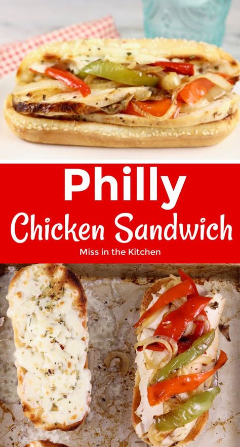 Philly Chicken Sandwiches are an incredibly delicious meal for busy weeknights. Made easily with smoked chicken or a rotisserie chicken from the deli and loaded with sautéd peppers and onions and chopped with melty cheese! Chicken Sub Sandwich Recipes, Chicken Hoagie, Chicken Breast Sandwich Recipes, Deli Meat Recipes, Chicken Breast Sandwich, Chicken Subs, Philly Steak, Outdoor Cooking Recipes, Future Chef