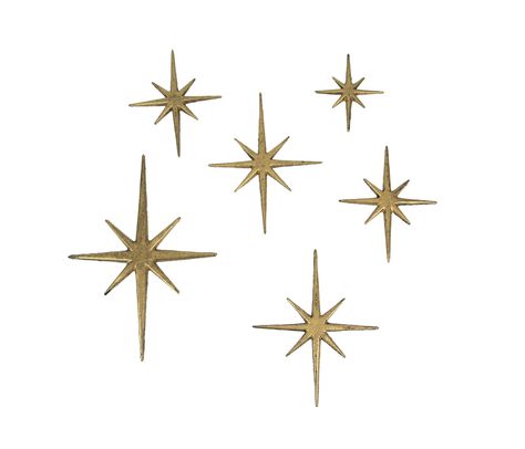 This sextet of 8 pointed compass stars adds a wonderful Mid-Century modern touch to your indoor or outdoor decor. Crafted of cast iron, the stars feature an antiqued enamel finish to give them a great aged look. Each set has one XL star measuring 8.75 inch long, 0.25 inch wide, 12 inch high; two large stars measuring 7 inch long, 0.25 inch wide, 8.75 inch high; two medium stars measuring 5.75 inch long, 0.25 inch wide, 6.75 inch high, and one small star measuring 4.25 inch long, 0.25 inch wide, Stars Wall Decor, Atomic Starburst, 3d Wall Decor, Mid Century Modern Decor, Star Wall, Wall Decor Set, Gold Enamel, Mid Century Modern Design, Room Themes