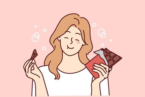 Happy young woman eating chocolate. Smiling girl feel joyful enjoy sweet bar or sugar dessert. Vector illustration. Eating Drawing Easy, Girl Eating Drawing, Happy Woman Drawing, Woman Eating Chocolate, Eating Illustration, Calender Ideas, Chocolate Drawing, Woman Eating, Happy Eating