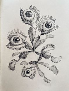 Nature Surrealism Art, Art With Different Mediums, Carnivores Plant Tattoo, Surreal Nature Tattoo, Surreal Art Sketch, Horror Flower Drawing, Weird Nature Art, Venus Fly Trap Tattoo Design, Eye Flowers Drawing