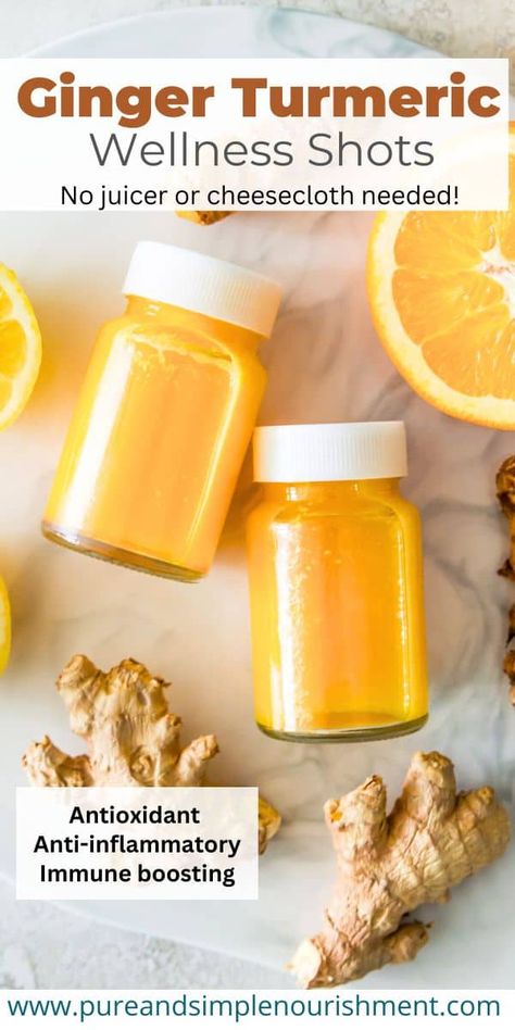 These are the best homemade ginger turmeric shots! This easy recipe is made with simple ingredients including orange juice, lemon juice, fresh ginger, fresh turmeric and honey and you don't need a juicer or cheesecloth to make them. These shots can help decrease inflammation and boost your immune system and have many other potential health benefits including helping decrease pain and cholesterol levels. They can also aid digestion and are great for gut health. Ginger Shot Recipe, Turmeric Shots, Colon Cleanse Recipe, Turmeric And Honey, Wellness Shots, Ginger Shot, Fresh Turmeric, Ginger Turmeric, Shot Recipes