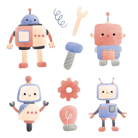 Robot Vector Illustration, Robot Concept Art Cute, Robotics Illustration, Robotic Illustration, Cute Robot Drawing, Robot Illustration Design, Cute Robot Illustration, Cute Robot Art, Cute Robot Design