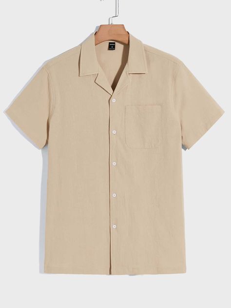 Apricot Casual  Short Sleeve Cotton Plain Shirt  Non-Stretch Summer Men Tops Beige Shirts Men, Work Shirt Outfit, Short Sleeve Button Up Men, Boys Shirts Style, Shein Men, Beige Shirt, Mens Outfit Inspiration, Button Down Shirt Mens, Plain Shirt